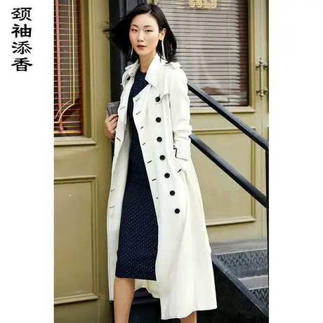 颈袖添香2023春秋新款女装时尚修身过膝中长款双排扣外套风衣商品大图