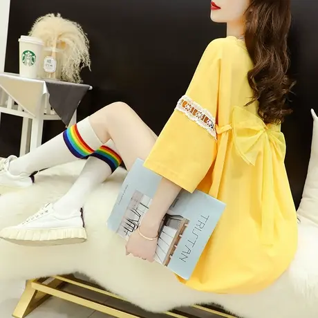 韩版宽松中长款短袖T恤女2023新款夏季洋气网红炸街设计感体恤裙商品大图