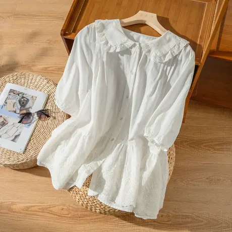 海军领白色衬衫文艺复古衬衣宽松娃娃衫上衣气质日系2022春夏新款商品大图