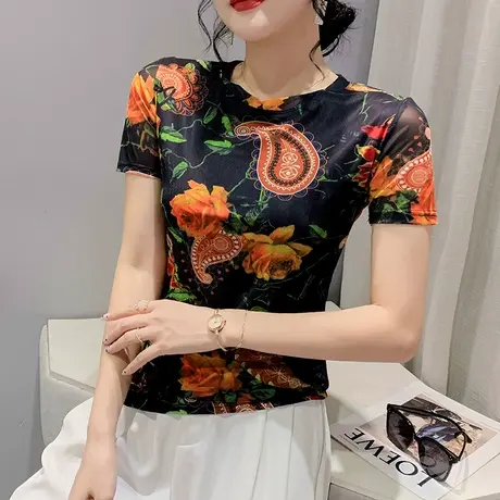 印花短袖T恤女装2023新款ins潮拼色个性洋气上衣时尚网纱打底小衫商品大图