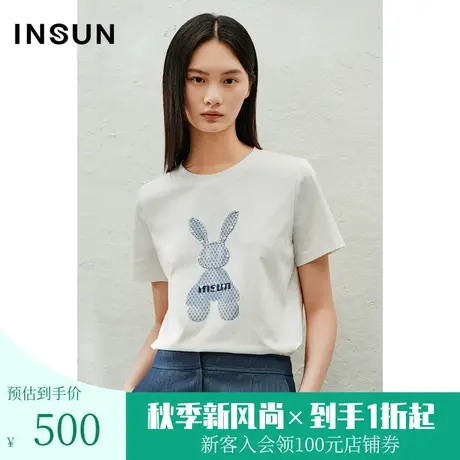 恩裳2023夏款新款舒适精梳棉印花兔图案logo手工钉珠冰丝百搭T恤商品大图