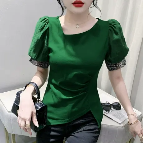 2023夏装新款设计感开叉短袖T恤女时尚泡泡袖小衫不规则洋气上衣商品大图
