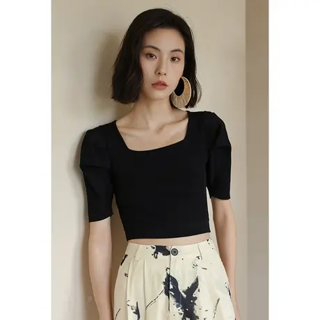 弥古法式方领上衣短款泡泡袖冰丝针织衫女夏薄款显瘦黑色短袖t恤商品大图