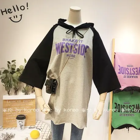 2020早秋新款T恤韩国东大门ins字母中长款休闲七分袖宽松大码女潮商品大图