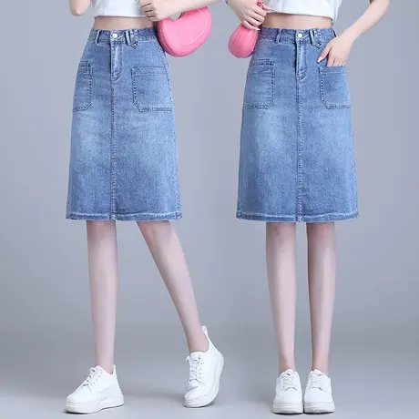 浅色时尚牛仔半身中裙开叉女夏季薄款2023新款高腰显瘦A字中长裙图片