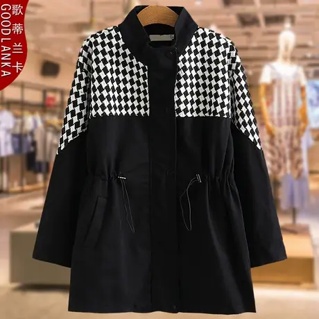 中年妈妈洋气高贵外套中长款春秋加肥加大码女毛呢千鸟格拼接风衣商品大图