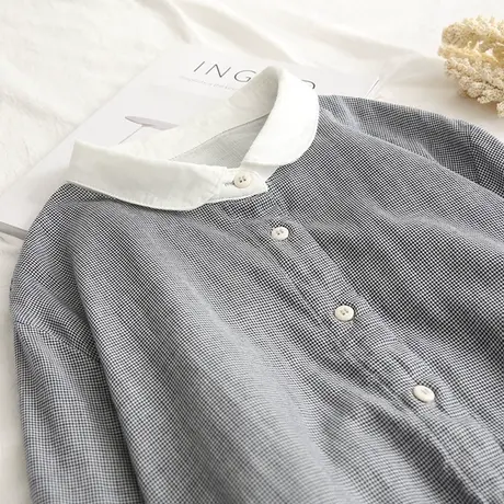 日系文艺娃娃领双层纱纯棉衬衫女2021春季新品显瘦千鸟小格子衬衣图片