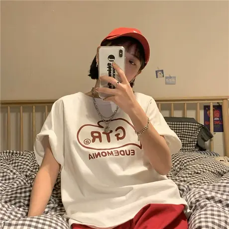 红续2023新款夏装字母ulzzang纯棉短袖宽松百搭t恤上衣盐系少女图片