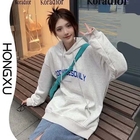 红续秋冬卫衣外套ins潮2023年新款简约灰色连帽印花卫衣加绒加厚商品大图