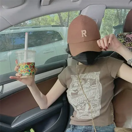 BM旗舰店短袖T恤女夏季美式复古高街头bm风紧身修身正肩短款上衣商品大图