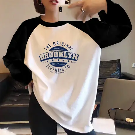 插肩袖T恤秋季2023新款女装款式纯棉印花打底衫设计感显瘦女上衣商品大图