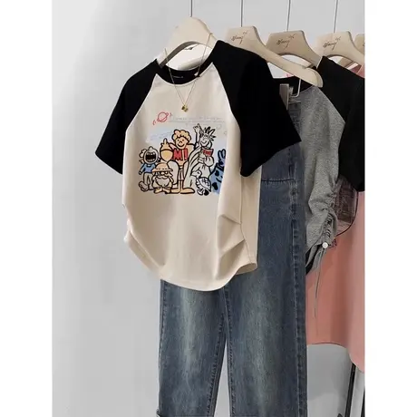 撞色拼接插肩袖T恤女2023新款夏装百搭宽松显瘦短款短袖上衣服潮商品大图