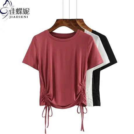 夏季新款韩版圆领纯棉修身短款显瘦短袖体恤上衣打底衫女内搭T恤图片