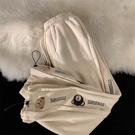 小熊刺绣直筒阔腿裤女港风ins夏季薄款束脚休闲裤潮宽松运动长裤图片