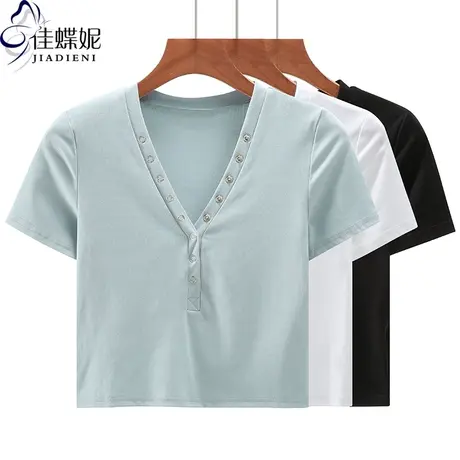 夏季新韩版V领纽扣修身短款高腰纯欲纯棉纯色短袖体恤上衣内搭女商品大图