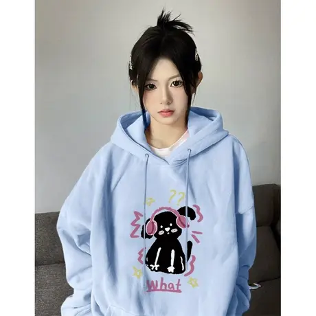 蓝色连帽卫衣外套女2023春秋薄款美式复古潮牌宽松慵懒风套头上衣图片