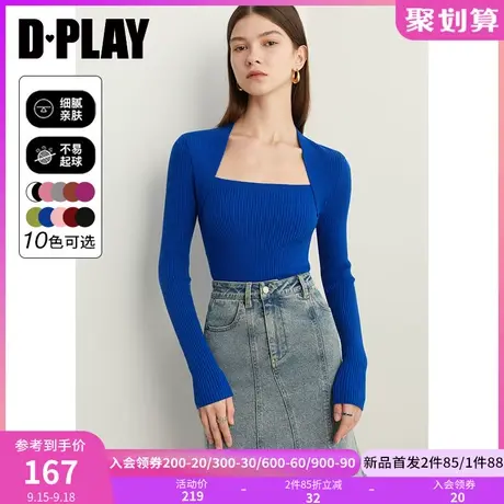 DPLAY2023秋新气质优雅克莱因蓝美背方型领修身长袖针织打底上衣商品大图