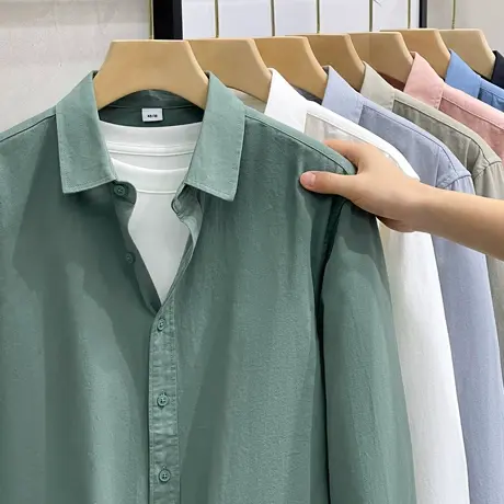 美式休闲纯棉衬衫男长袖秋季宽松休闲翻领寸衣高级感白色衬衣外套商品大图