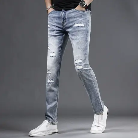 潮牌破洞牛仔裤男补丁潮流2023新款春夏季修身弹力男士牛仔裤小脚商品大图