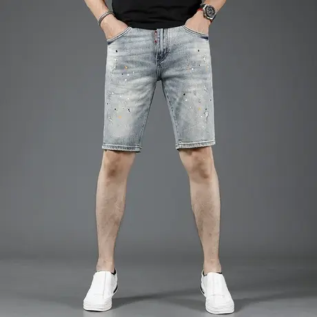 夏季新款男士牛仔短裤2023蓝色潮牌修身时尚潮流弹力五分休闲中裤商品大图