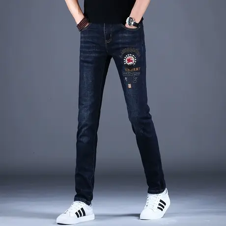 百搭牛仔裤潮牌男美式高街裤子男士修身小脚2023新款刺绣休闲弹力图片
