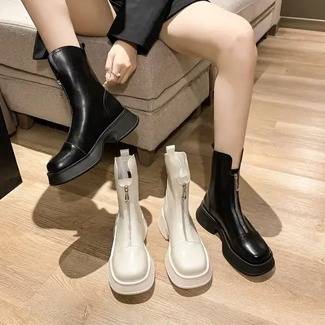 中筒靴女2023秋季爆款女神高级感前拉链复古圆头显气质粗跟瘦瘦靴商品大图