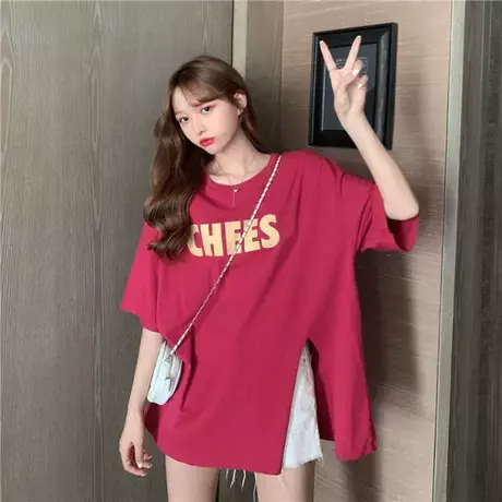 胖mm夏季新款宽松设计感小众开叉短袖t恤大码女装200斤上衣ins潮商品大图
