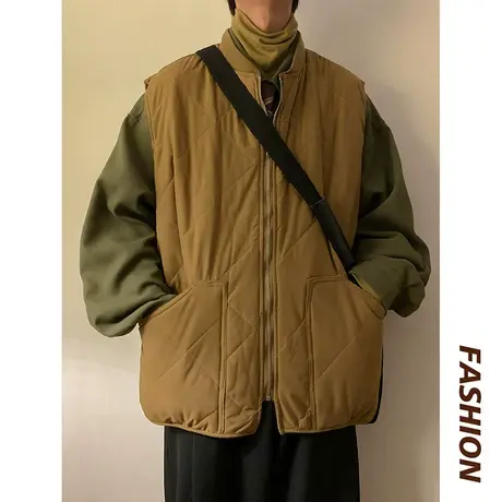 百搭日系棉马甲男纯色保暖外套春秋季bf风港风无袖大口袋坎肩棉袄图片