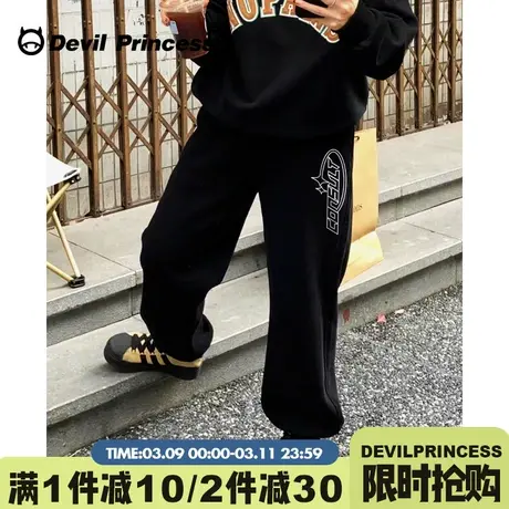 黑色运动风卫裤女无性别穿搭宽松百搭直筒休闲学院风加绒款束脚裤图片