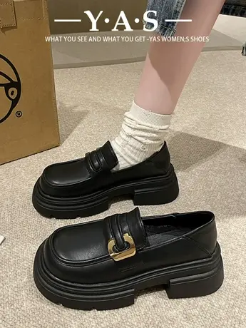 厚底女鞋子百搭乐福鞋2024新款春季一脚蹬单鞋英伦风小皮鞋小黑鞋商品大图
