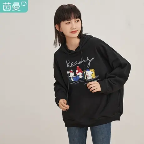 茵曼套头连帽卫衣女士2023春季新款宽松显瘦趣味印花慵懒纯棉上衣图片