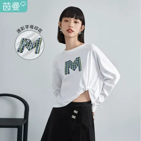 【商场同款】茵曼小心机扭结T恤女2023春季新款印花纯棉长袖上衣图片
