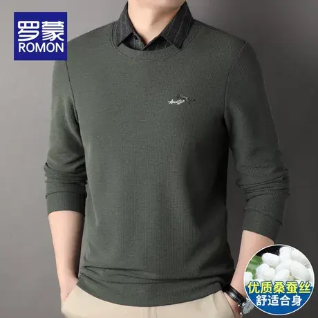 罗蒙2024春季新款男装高端桑蚕丝假两件针织衫POLO领长袖打底毛衣图片