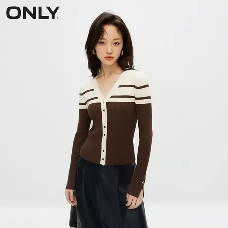 【直播专享】ONLY春秋气质V领收腰喇叭袖修身短款针织衫商品大图
