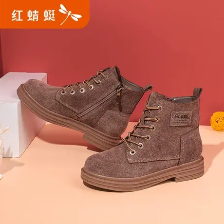 红蜻蜓女靴秋季女鞋真皮系带马丁靴女复古百搭高帮工装靴女短靴商品大图