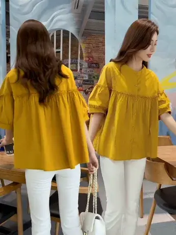 时尚休闲圆领格纹衬衫女2023春夏新款韩版百搭显瘦五分袖花边衬衣商品大图