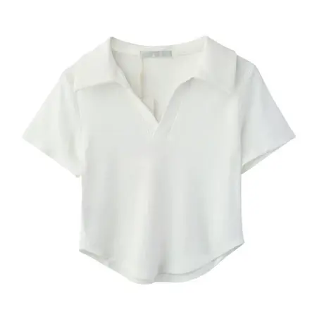 V领Polo衫正肩短袖t恤女显瘦ins潮夏季设计感小众不规则短款上衣商品大图