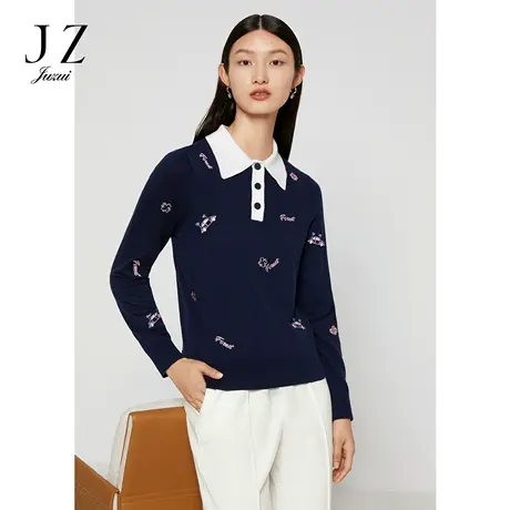 【百亿补贴官方直播】玖姿冬季新款POLO领撞色毛衣商品大图