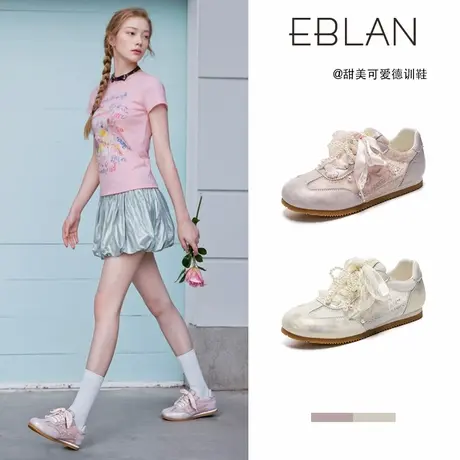 EBLAN/伊伴芭蕾风德训鞋女2025夏季新款蕾丝网面珍珠蝴蝶结休闲鞋商品大图
