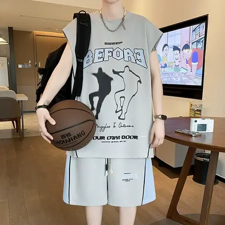 夏季无袖t恤男孩青少年高中初中生休闲运动套装大童冰丝背心短裤商品大图