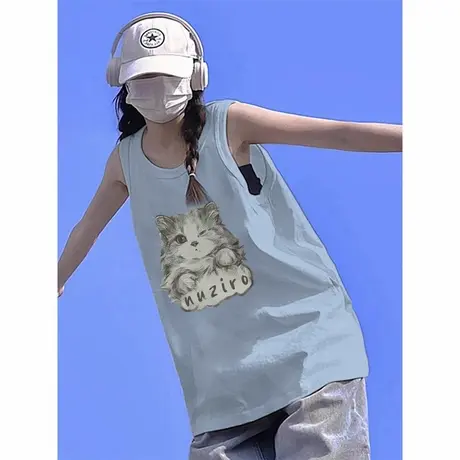 美式复古纯棉吊带背心无袖t恤女2024夏季外穿宽松篮球服挂脖上衣图片