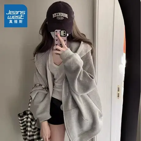 KMV真维斯时尚潮流卫衣女2025春秋新款连帽开衫外套宽松休闲上衣商品大图