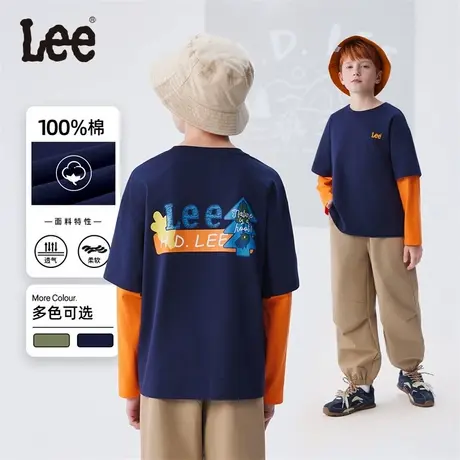 Lee儿童长袖T恤2025春季新款男童女童纯棉假两件拼接上衣中大童图片