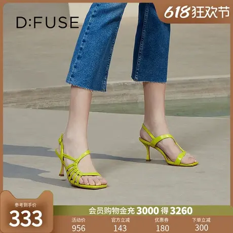 DFuse夏季新款羊皮方头凉鞋条带细跟高跟凉鞋女DF32115350法式图片