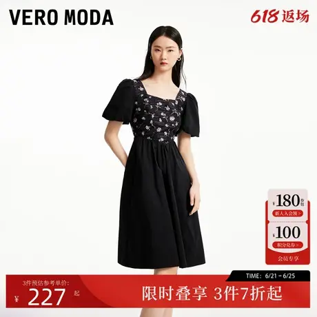 Vero Moda连衣裙夏季甜美优雅玫瑰字母方领泡泡袖高腰324261007图片