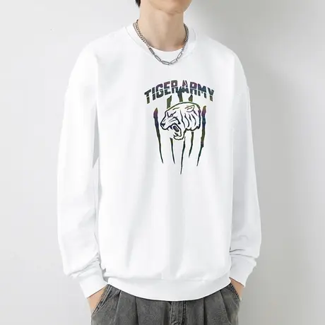 380g重磅白色卫衣男纯棉圆领长袖t恤宽松潮流虎头摇粒绒无帽上衣商品大图