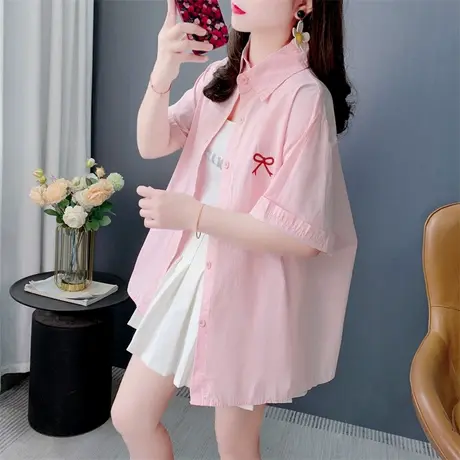 短袖防晒衬衫女夏季2025新款宽松显瘦百搭薄款刺绣蝴蝶结上衣外套图片