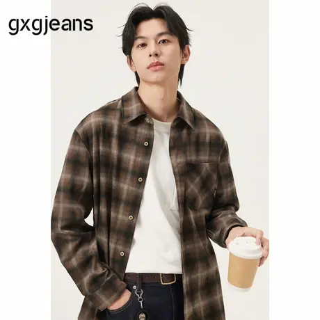 gxg.jeans男装 咖色格纹美式复古宽松长袖衬衫外套男 25年秋新品图片