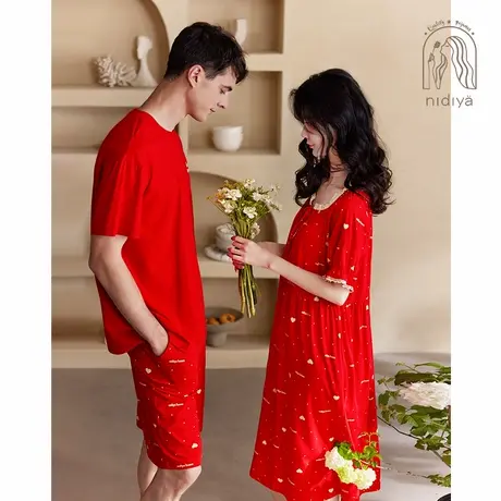 妮狄娅情侣结婚睡衣女夏季短袖睡裙男简约圆领红色婚庆家居服套装商品大图