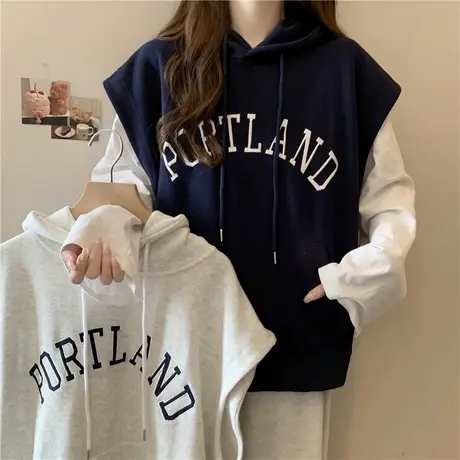 字母刺绣无袖连帽卫衣女春秋季宽松百搭薄款叠穿马甲背心上衣ins商品大图